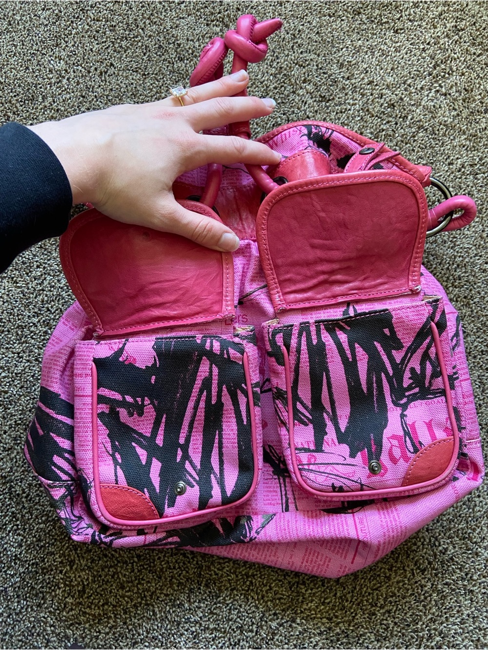 Vintage John Galliano Pink Newspaper Print Leather/Canvas Shoulder Slouchy Bag - Picture 12 of 15